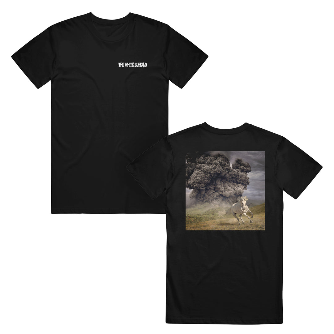 Black t-shirt with a graphic of a horse running and a cloud of dust on the back, on a white background.