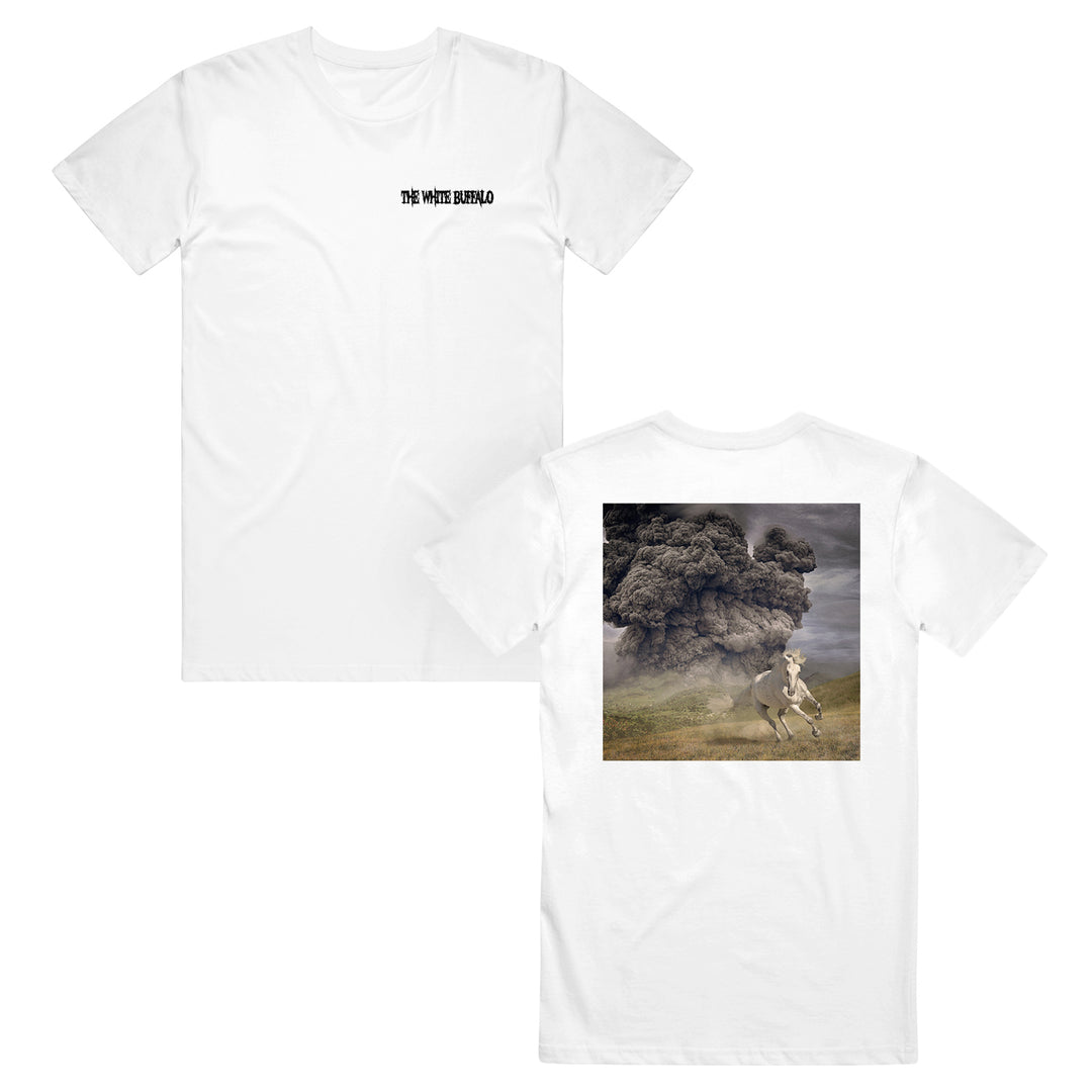The White Buffalo classic-fit white t-shirt, made from 100% cotton, features subtle The White Buffalo text on the front left chest and a bold back print of a white buffalo running across a field with a stormy background.