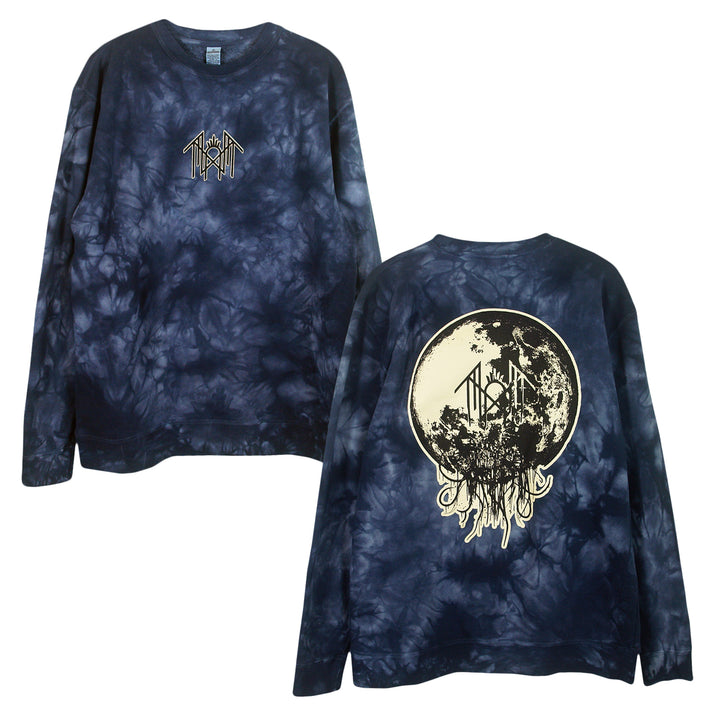 Sleep Token Navy Blue Tie Dye Crewneck Sweatshirt, shown front and back. Features a cotton-polyester blend, small chest logo, and a large cream circular graphic with abstract tree-like elements on the back.