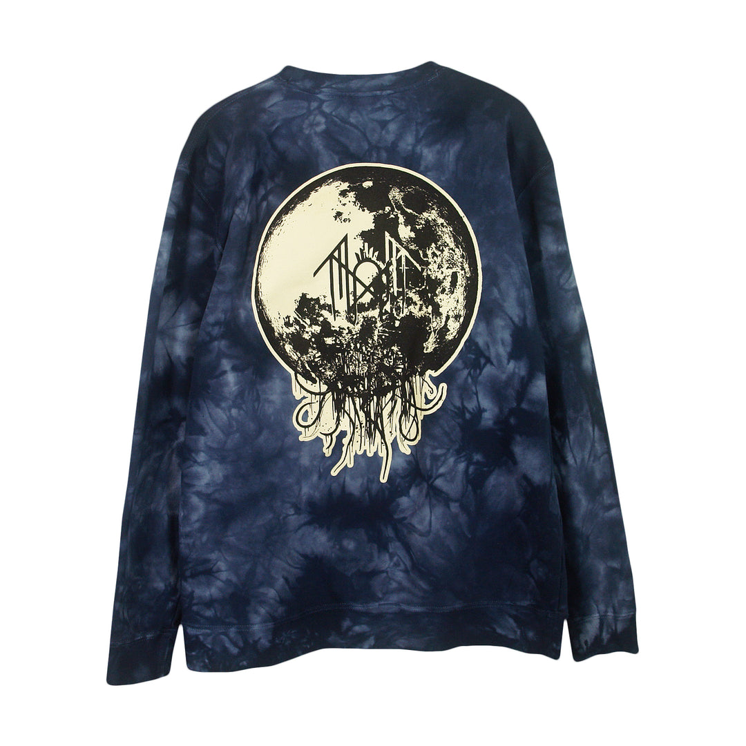 A navy blue Tie Dye Crewneck Sweatshirt by Sleep Token, made from a cotton/polyester blend, displays a large pale full moon with abstract tentacle shapes and geometric lines on the back.