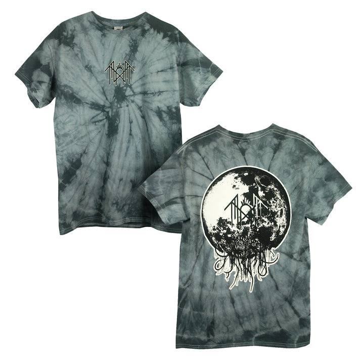 Two black and gray Sleep Token Colortone Tie Dye T-Shirts in classic fit are shown front and back, featuring a small abstract logo on the chest and a large moon with roots plus the same logo on the back. Made from heavyweight cotton.