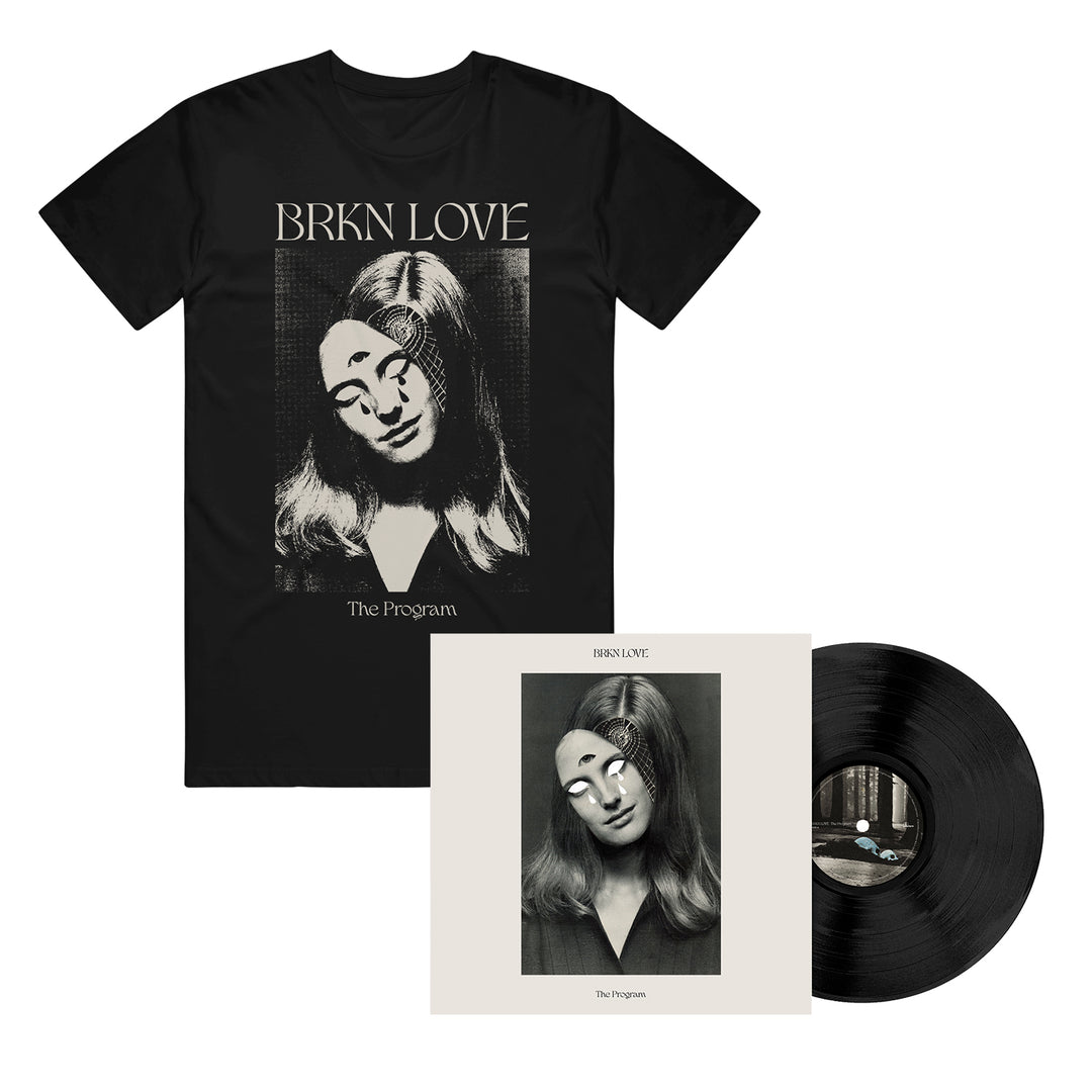 A black BRKN Love T-shirt, Vinyl LP, and album cover all display a grayscale image of a masked woman with bold markings. Text says BRKN LOVE and The Program.