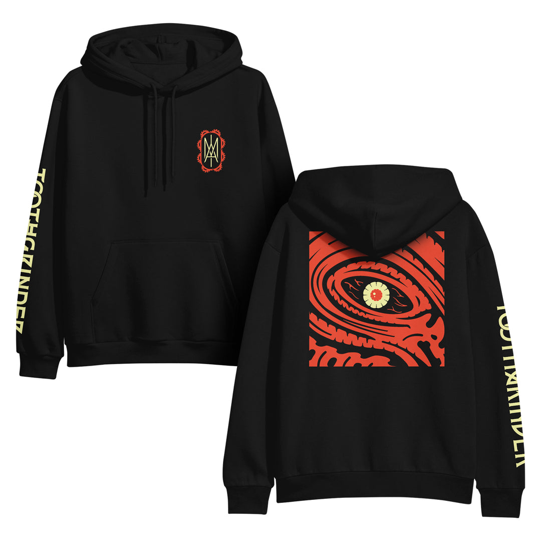 Black hoodie with yellow Toothgrinder text on the sleeve, a small red and white emblem on the front, and a large red stylized eye with a yellow pupil on the back.