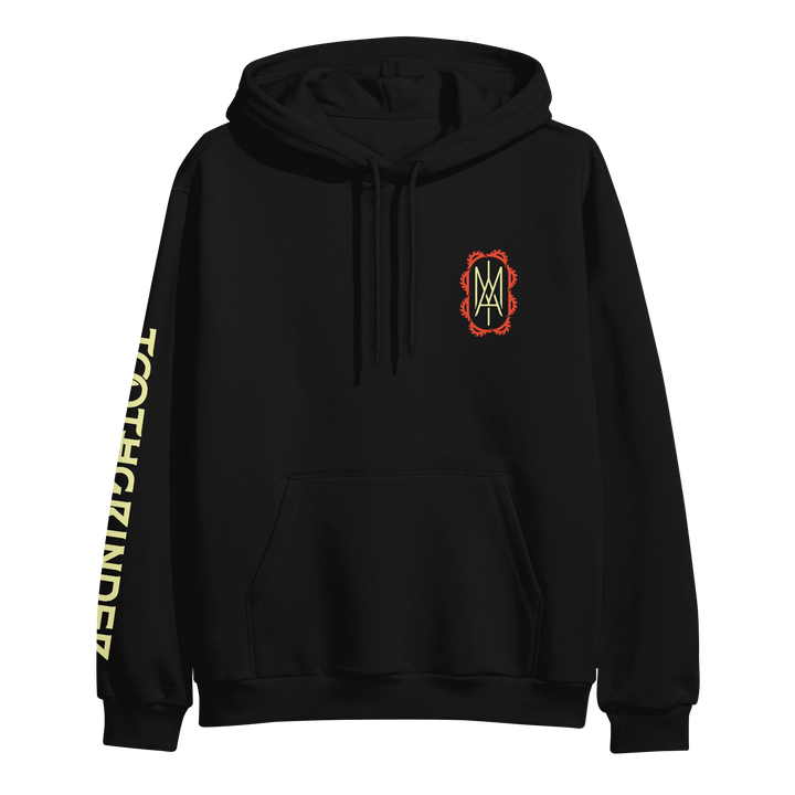 A black Toothgrinder hoodie featuring a red and yellow graphic on the left chest and TOOTHTAKER printed vertically in yellow on the right sleeve.