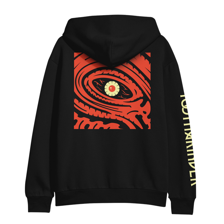 Toothgrinder black hoodie with a bold red and orange abstract swirling eye graphic on the back and “TOOTHGRINDER” printed vertically in yellow on the right sleeve.