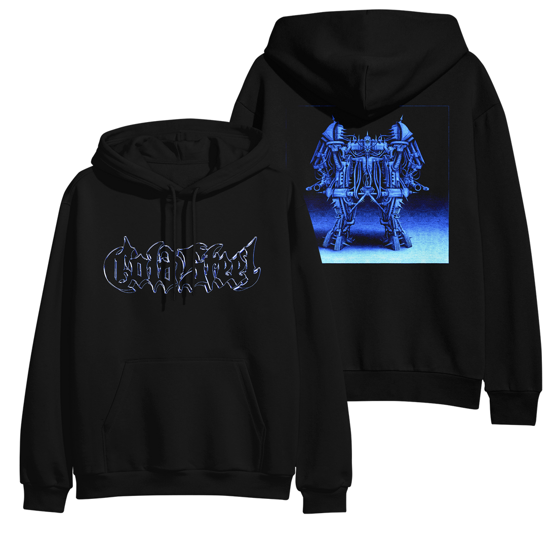 Two black midweight pullovers by Cold Steel: the front features a stylized, spiky white and blue logo; the back displays a futuristic, blue-toned robotic design set within a square background.