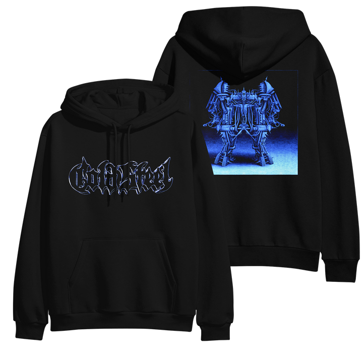 Two black midweight pullovers by Cold Steel: the front features a stylized, spiky white and blue logo; the back displays a futuristic, blue-toned robotic design set within a square background.