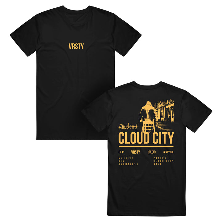 Black VRSTY T-shirt with gold VRSTY on the front. Back shows a gold hooded figure in a city with Cloud City, band and tour info, and New York, all in gold.