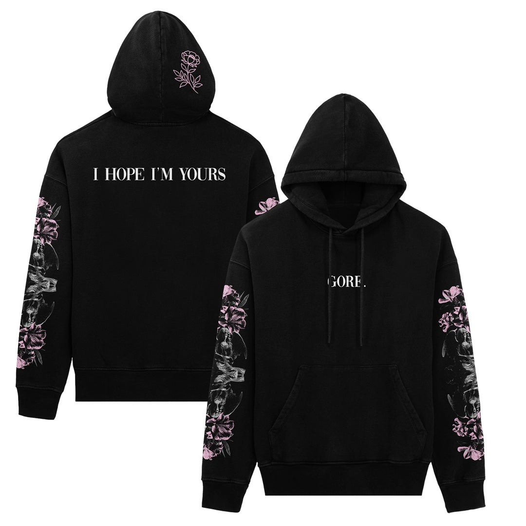 Gore. midweight black pullover hoodie featuring floral prints on the hood and sleeves, I HOPE IM YOURS in white on the back, and Gore. branding on the chest.