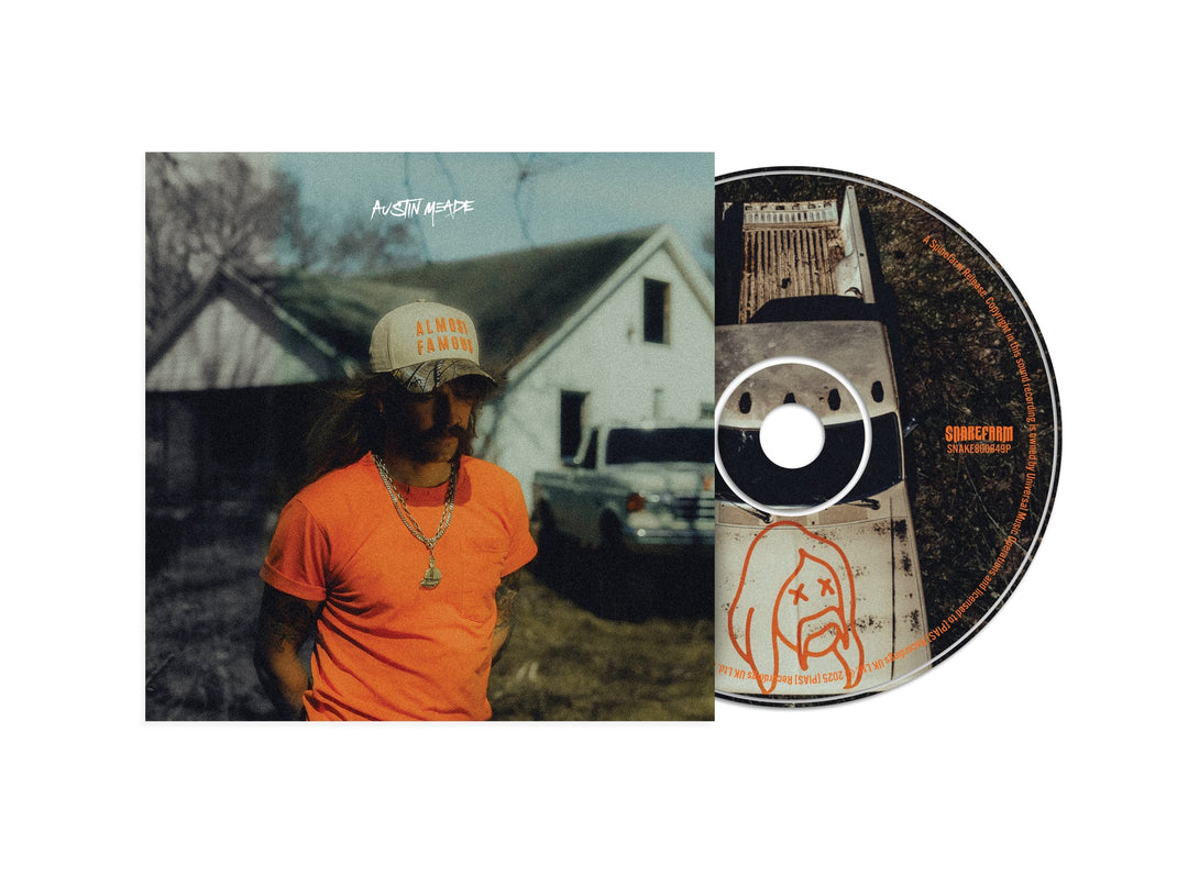 Album cover and CD for Always a Fan by Austin Meade. The cover shows a long-haired man in sunglasses and a cap outside a house; the CD features an abstract face design with orange text. Brand: Austin Meade.