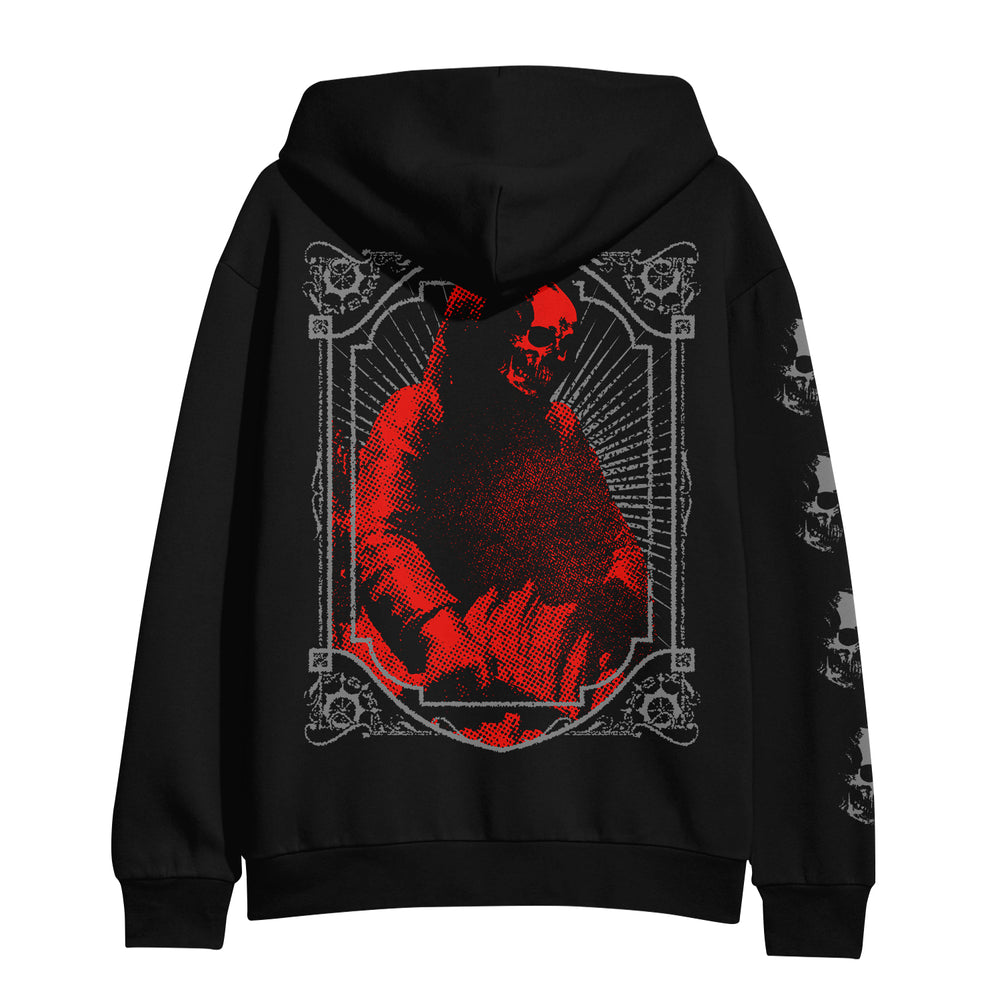Paradise Slaves black zip-up hoodie features a bold red and black Hell In His Eyes grim reaper graphic with gothic borders on the back, plus white skull motifs detailing the sleeves.