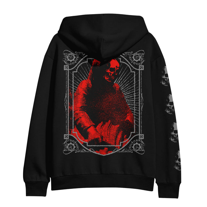Paradise Slaves black zip-up hoodie features a bold red and black Hell In His Eyes grim reaper graphic with gothic borders on the back, plus white skull motifs detailing the sleeves.