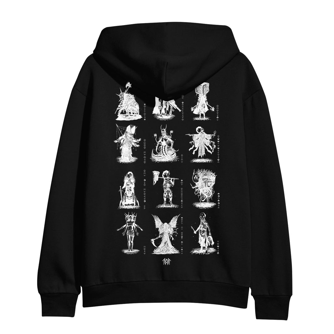 Sleep Token black pullover hoodie with twelve intricate white mythological character illustrations on the back, arranged in three columns and four rows. Features anti-pill fleece and a regular fit for comfort and durability.