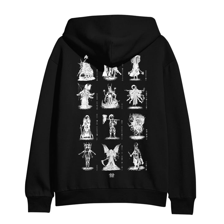 Sleep Token black pullover hoodie with twelve intricate white mythological character illustrations on the back, arranged in three columns and four rows. Features anti-pill fleece and a regular fit for comfort and durability.
