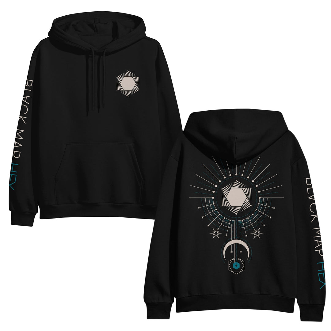 Black Map black zip-up hoodie featuring geometric hexagon designs: a small hexagon with layered lines on the front, a large radiating hexagon, crescent moon, and blue accents on the back. BLACK MAP HEX runs down each sleeve. Made from soft ring-spun cotton.