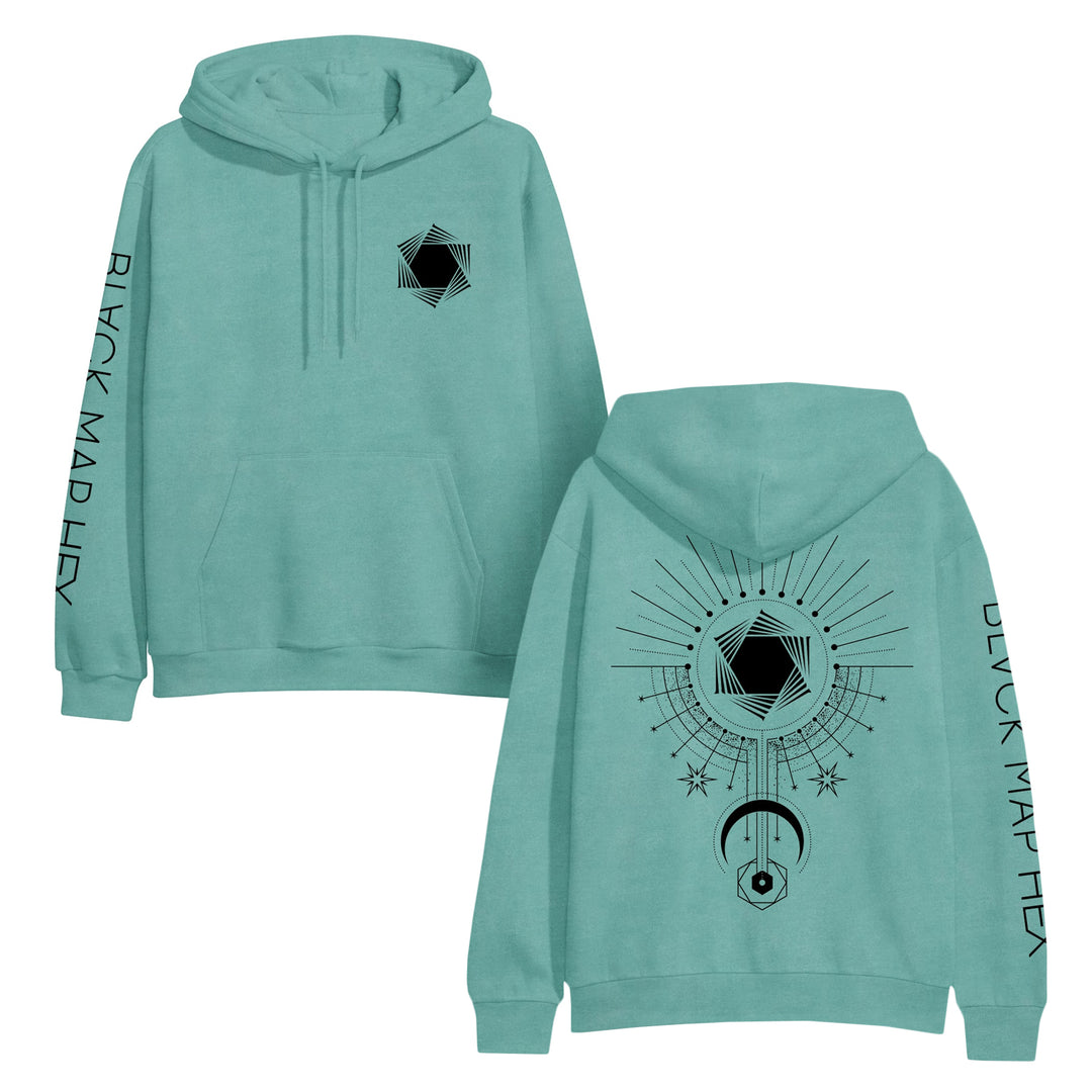 The Black Map classic fit teal hoodie is made from ring-spun cotton fleece, featuring a black geometric hexagon on the front, celestial motifs on the back, and BLACK MAP HEX printed vertically on both sleeves.