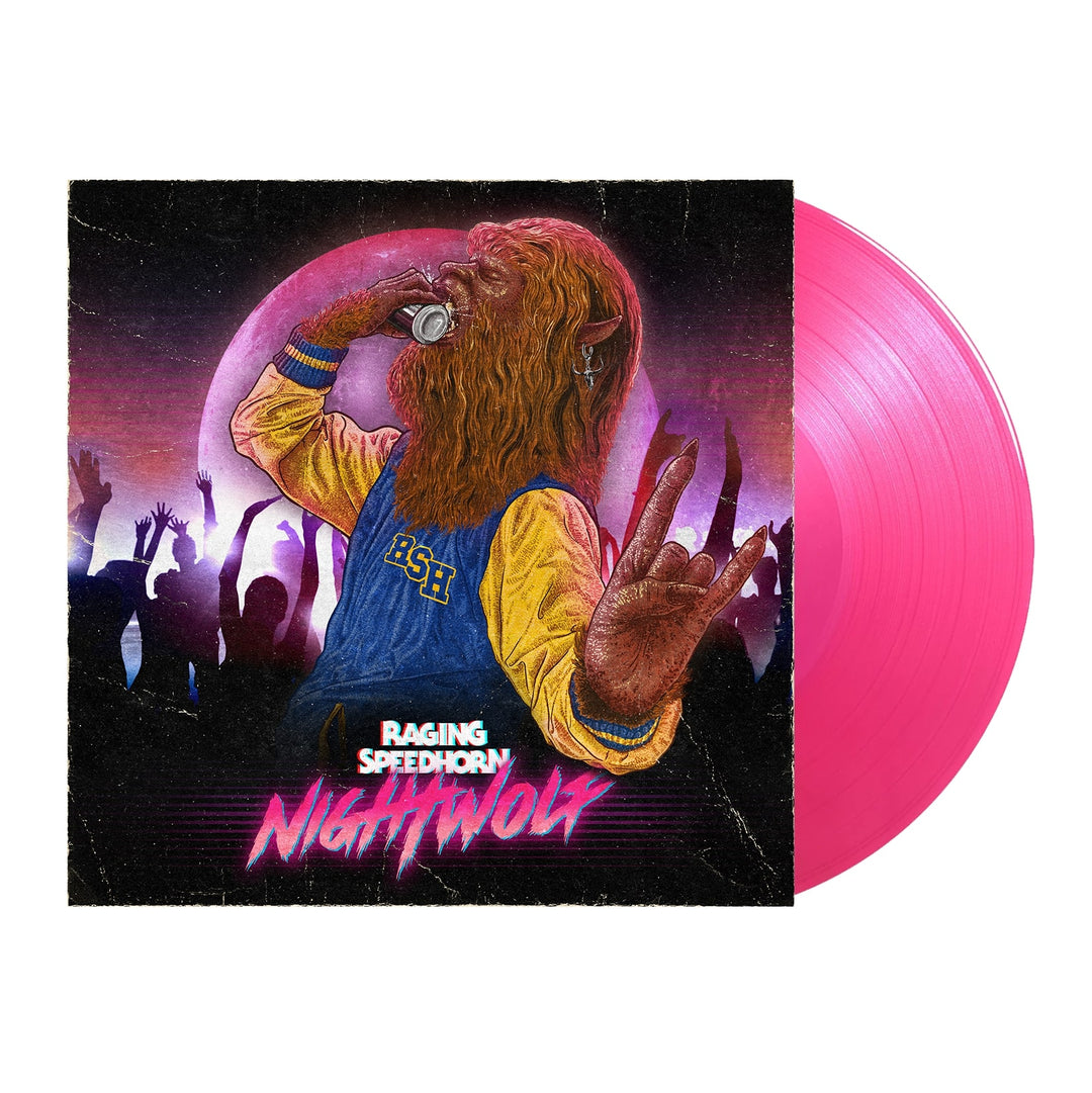A hot pink vinyl LP of the album 'Night Wolf' by Raging Speedhorn with a mockup of a wolf character on the cover.