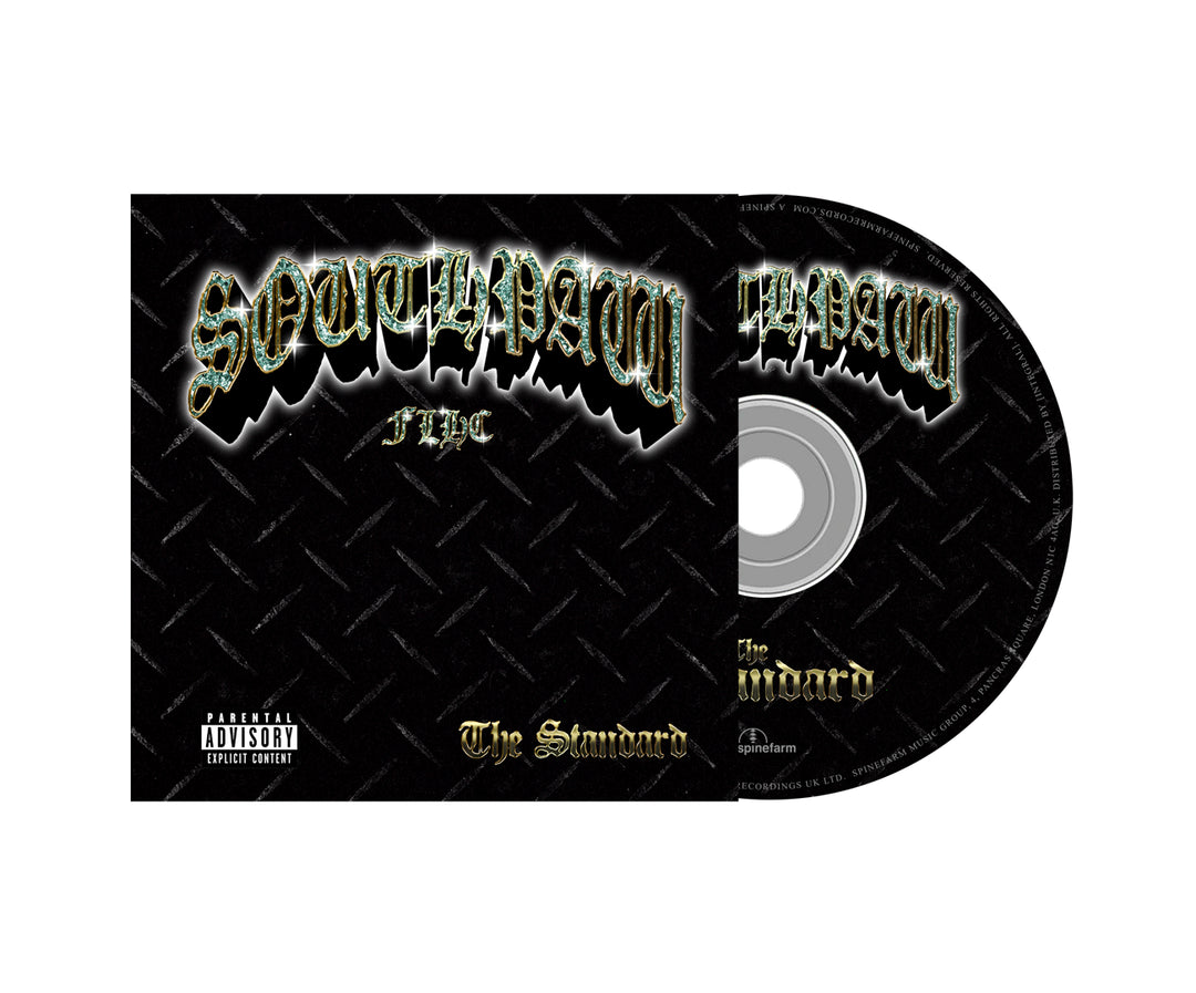 CD and case featuring a dark diamond plate design. The standard CD case displays Southpaw FLHC in bold, metallic gothic font, with a parental advisory label. The CD matches the design—ideal for any music bundle.