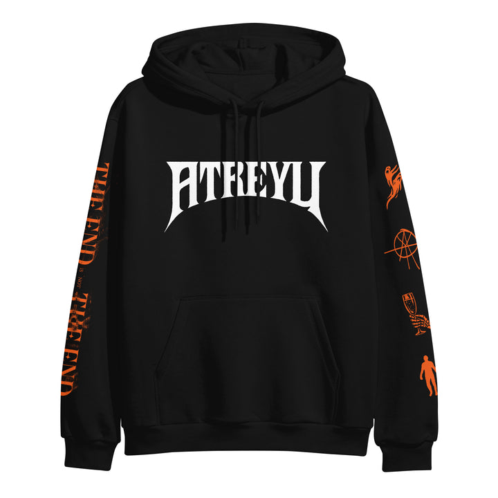 Atreyu black hoodie with bold white "ATREYU" on the chest, orange "THE END IS NOT THE END" and icons on the left sleeve, plus a compass graphic. Features a front pocket and drawstring hood.