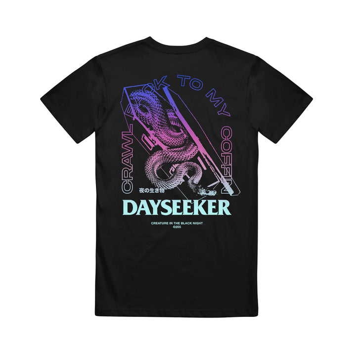 Black Dayseeker t-shirt featuring a neon purple and blue snake design, Japanese text, and the bold slogans CRAWL BACK TO MY COFFIN and DAYSEEKER on the back.