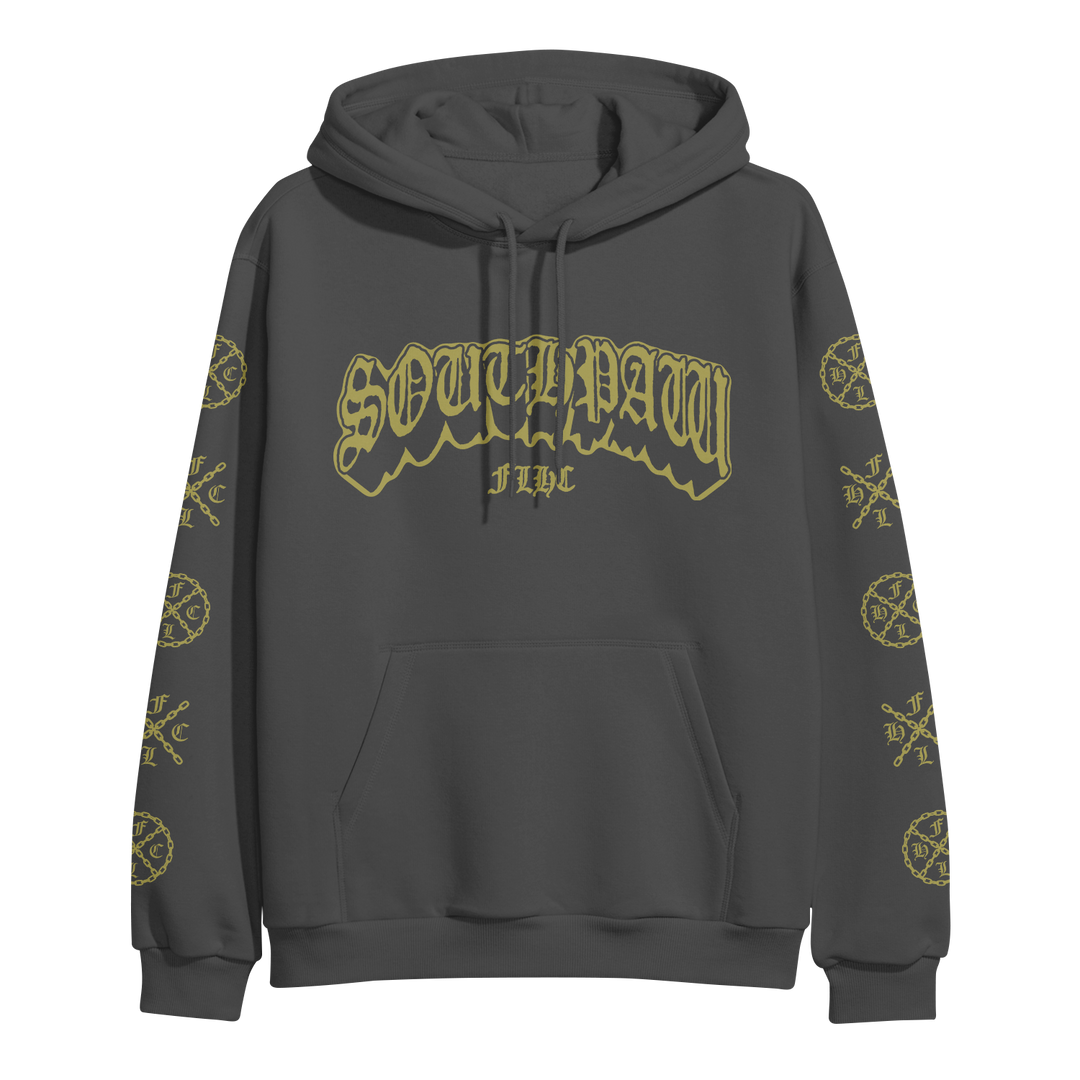 The Southpaw FLHC charcoal gray hoodie features SOUTHPAW in bold yellow gothic letters on the chest, yellow circular designs with crossed bats, subtle chain motifs on the sleeves, plus a front pocket and drawstring hood.