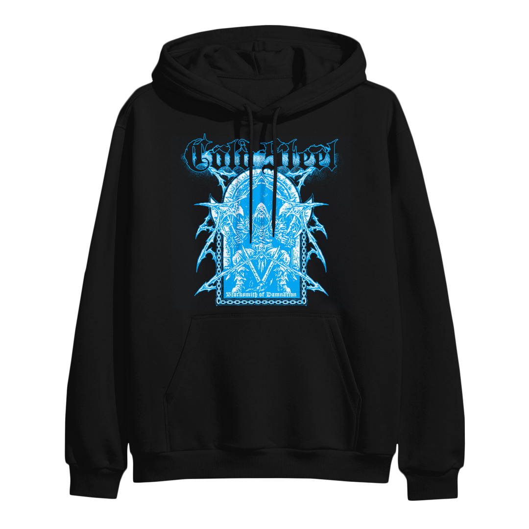 Black midweight pullover hoodie by Cold Steel, featuring a bright blue gothic-style graphic with intricate fantasy artwork, including symmetrical ornamental shapes and a trident in the center.