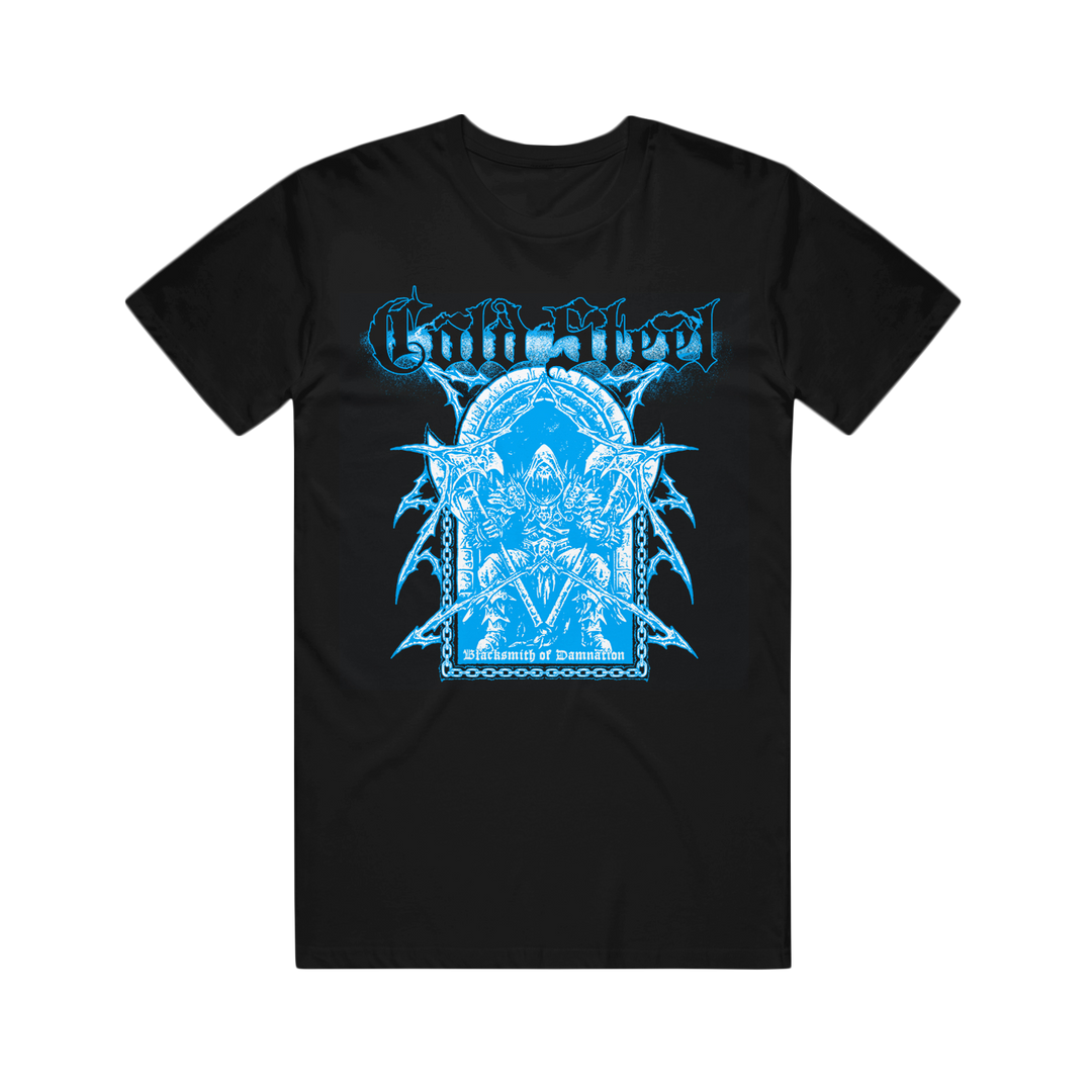 Cold Steel black t-shirt crafted from heavy cotton with a vivid blue gothic design, sharp spikes, stylized top text, and armored medieval figures framed by ornate patterns—an eye-catching printed tee.