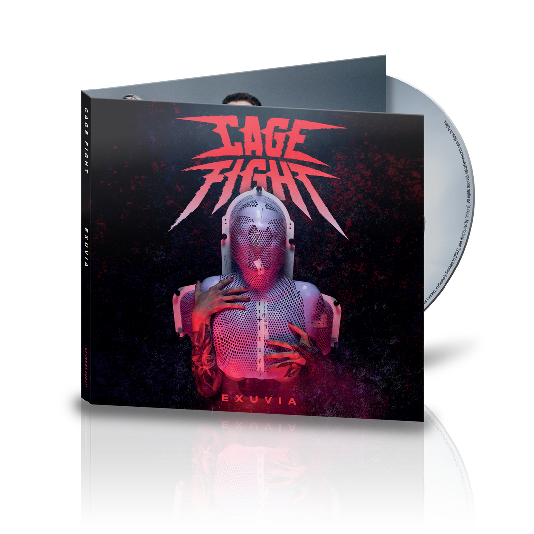 A Cage Fight Exuvia CD case featuring a futuristic armored figure with metal mesh and helmet on a dark background, the band's red logo above. Ideal for music bundles or album presales. Brand: Cage Fight.