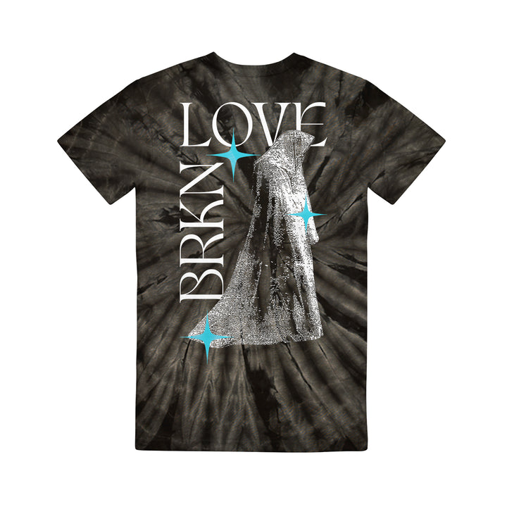 BRKN Love black tie-dye t-shirt featuring bold “BRKN LOVE” white text, blue star-like accents, and a grayscale cloaked figure in the center. Artistic and eye-catching design.