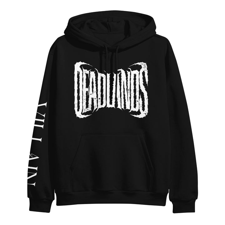 A black Deadlands pullover hoodie crafted from soft ringspun cotton, featuring DEADLINES in bold distressed white text on the chest and VILLAIN in white down the right sleeve.