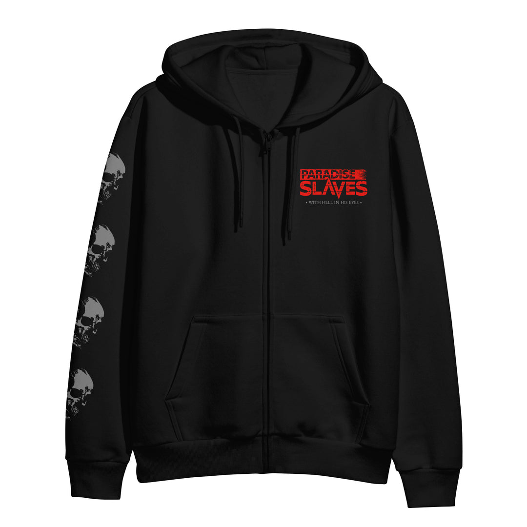 Paradise Slaves black zip-up hoodie with white skulls on the left sleeve and red PARADISE SLAVES text plus Hell In His Eyes beneath on the chest. Features drawstrings and front pockets.