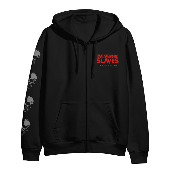 Paradise Slaves black zip-up hoodie with white skulls on the left sleeve and red PARADISE SLAVES text plus Hell In His Eyes beneath on the chest. Features drawstrings and front pockets.