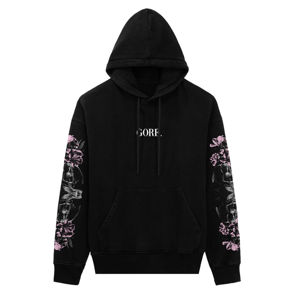 Black hooded sweatshirt by Gore. with white GORE. on the chest. Independent midweight pullover features purple flowers and abstract white patterns on each sleeve, plus a front pocket and drawstrings.