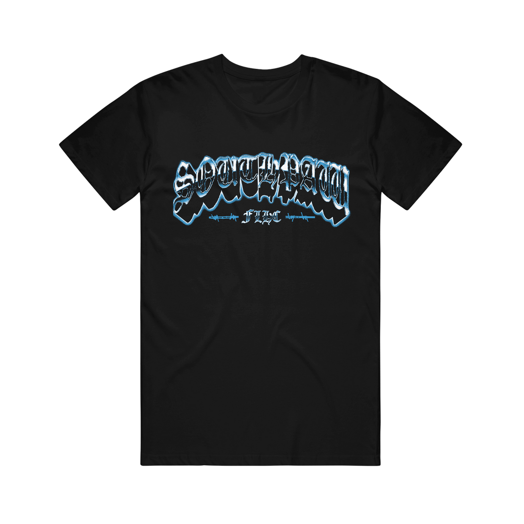 Southpaw FLHC Photo Black t-shirt with SOUTHSIDE in bold, graffiti-style white and blue letters across the chest; features smaller text beneath reading "IT AINT SAFE.