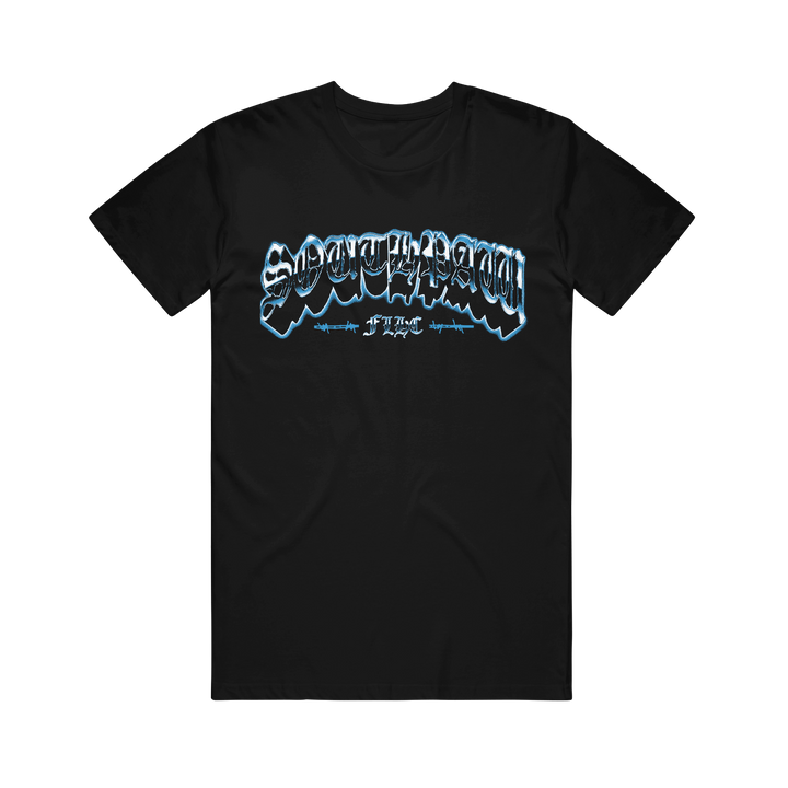 Southpaw FLHC Photo Black t-shirt with SOUTHSIDE in bold, graffiti-style white and blue letters across the chest; features smaller text beneath reading "IT AINT SAFE.