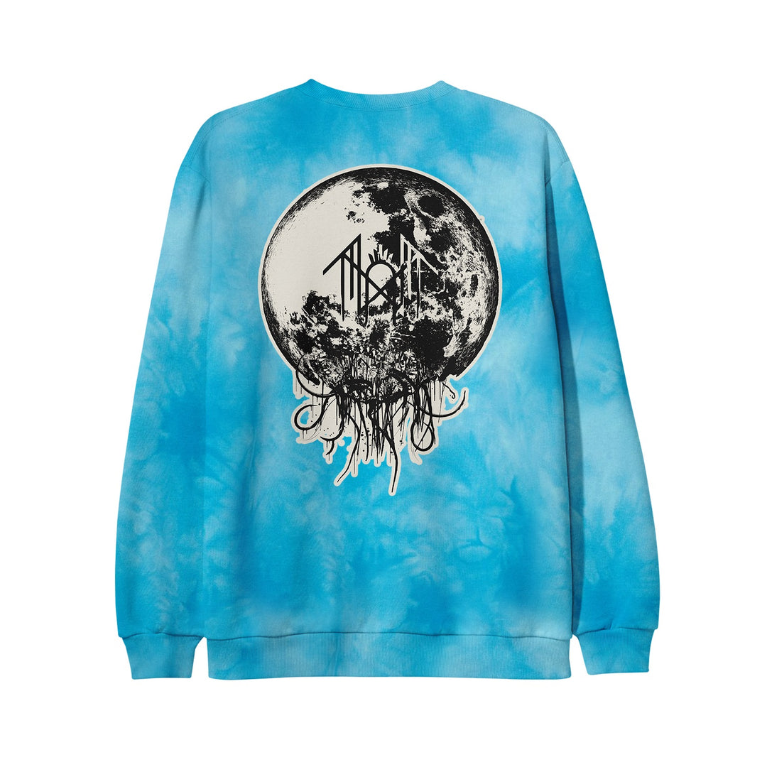 A blue Sleep Token tie-dye crewneck sweatshirt features a large black and white moon graphic with dripping, tentacle-like designs and abstract text on the center back.