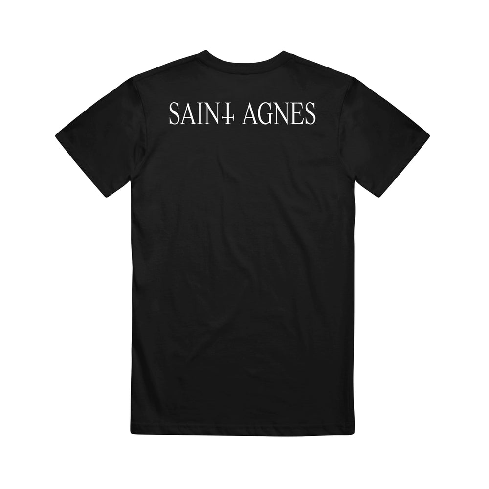 Saint Agnes black short-sleeve T-shirt with SAINT AGNES in bold white on the upper back, the “I” styled as a cross—a bold Christian apparel piece.