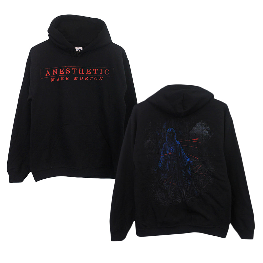 A black Mark Morton hoodie features ANESTHETIC MARK MORTON in red on the front. The back shows a blue, hooded figure with red streaks on a dark abstract design. Made from a cotton-polyester blend for comfort.