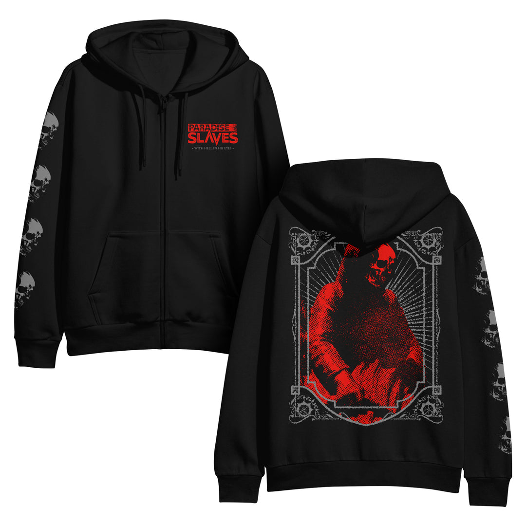 Paradise Slaves black zip-up hoodie in a classic fit, made from ring-spun cotton fleece. Features red Paradise Slaves text on the front, skull sleeve graphics, and a bold red and black gothic hooded figure on the back.