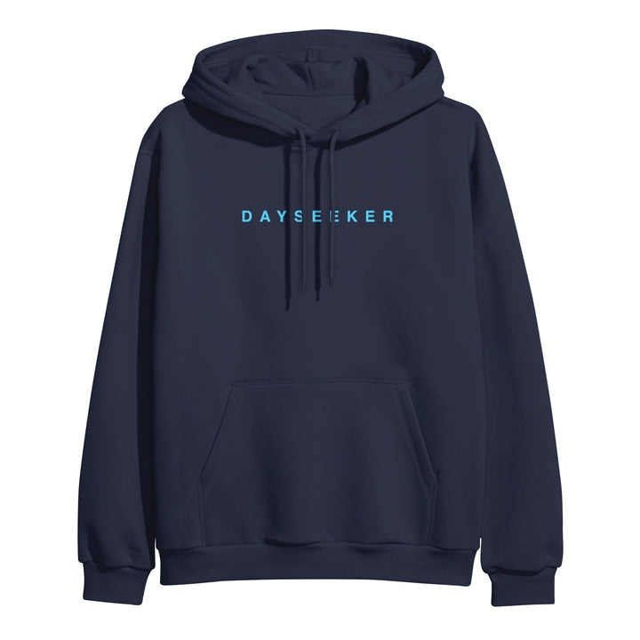 image of a navy pullover hoodie on a white background. front print in blue across the chest says dayseeker