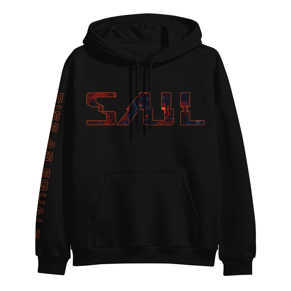 The Saul black hoodie features SAUL in bold red and blue letters across the chest, RISE AS EQUAL printed vertically on the left sleeve in red-orange, plus a front pocket and drawstrings.