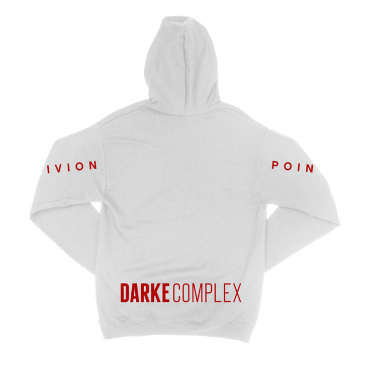image of the back of a white pullover hoodie on a white background. back has a print at the lower bottom that says darke complex