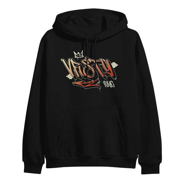 VRSTY Black graffiti pullover. front of the pullover has a graffiti style VRSTY logo in red gradient ink. 