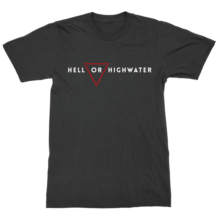 image of a black tee shirt on a white background. tee has center chest print in white that says hell or highwater. a red upside down trinagle is around the word or