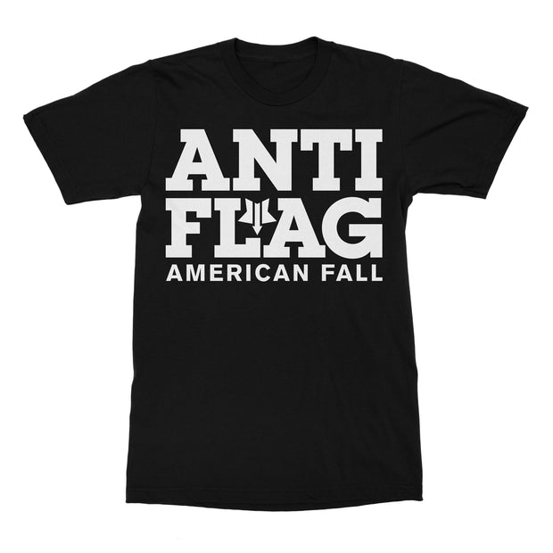 image of a black tee shirt on a white background. tee has center chest print in white that says american flag, american fall
