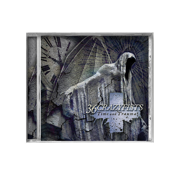 image of a jewel cd case on a white background. cover shows a reaper statue in front of a clock. bottom right says 36 crazyfists time and trauma