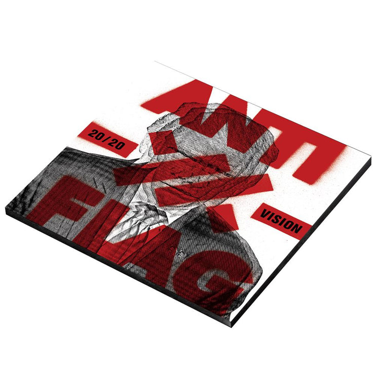 image of a cd cover on. cover is a blurry image of donald trump looking like a loser. in red over that says anti flag, 20 20 vision