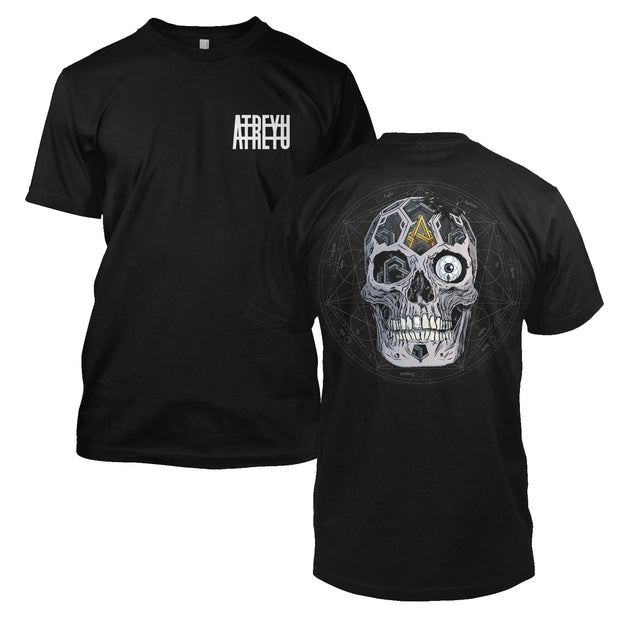 image of the front and back of a black tee shirt. front has small right chest print in white that says atreyu. back has print of a one eyed skull