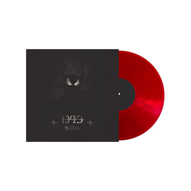 image of a red vinyl record on a white background. vinyl on the right, album cover on the left is black and has a demon. 1349 is on the bottom