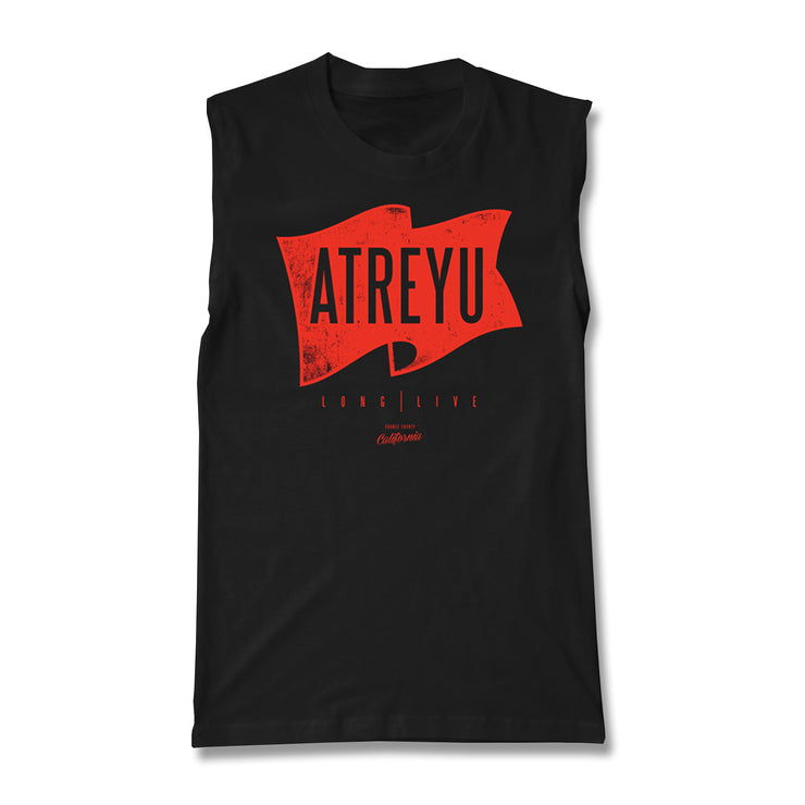 image of a sleeveless black tee shirt on a white background. tee has center print of a red flag. in black on the flag says atreyu